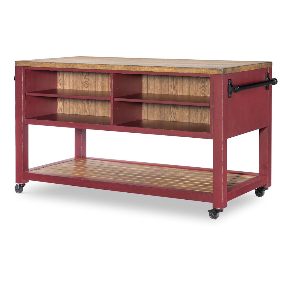 Rustic red rolling kitchen island with wood top, open shelves, and towel bar.