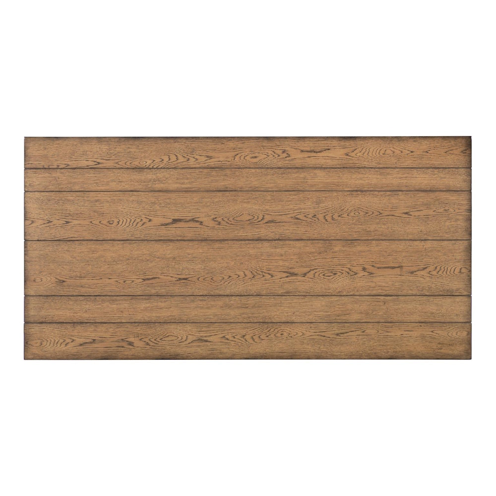 Top-down view of a rustic brown oak wood table top with natural grain and plank design.