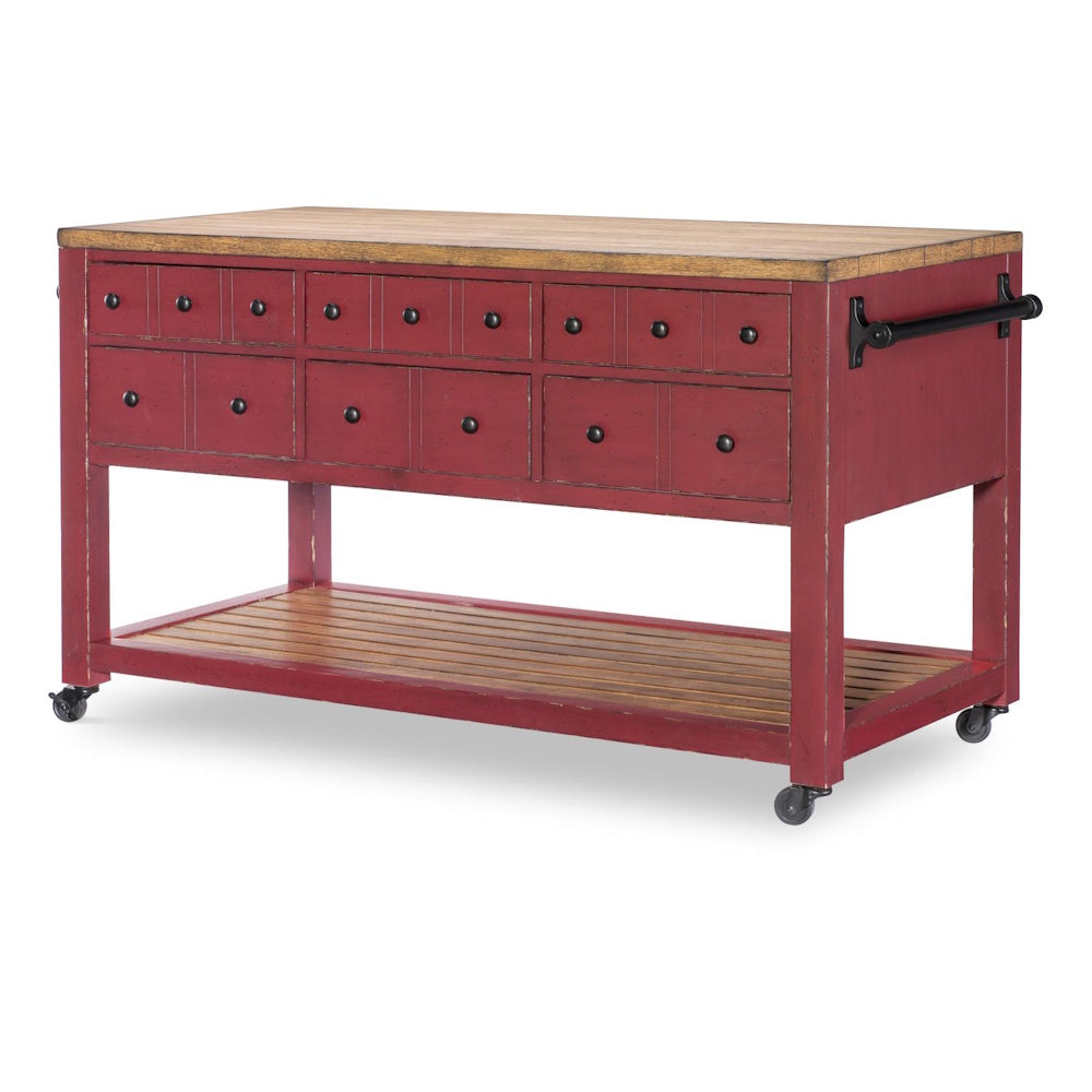 Rustic red kitchen island cart with wood top, drawers, and locking wheels.