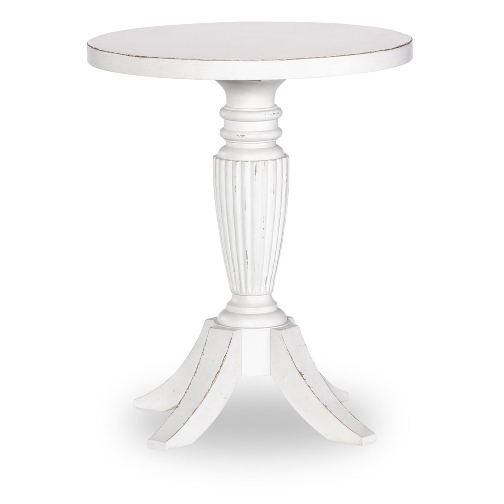 A round white end table featuring a distressed finish, fluted pedestal base, and three curved legs.