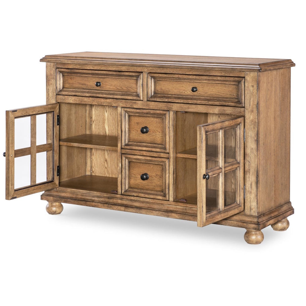 Rustic wooden buffet server with its glass cabinet doors open, revealing inner shelves.