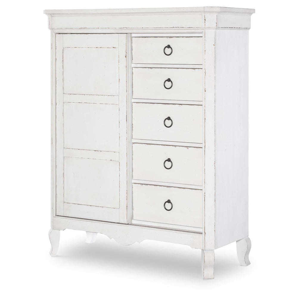 Distressed white wooden chest featuring a sliding paneled door and five stacked drawers with ring pulls.
