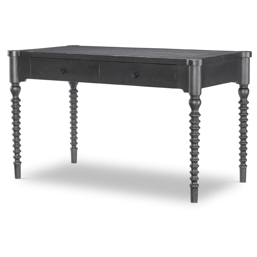 Dark charcoal grey wooden writing desk featuring two drawers and ornate turned bobbin legs.