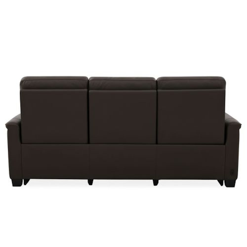 Back view of a modern dark brown 3-seater leather sofa on a white background.