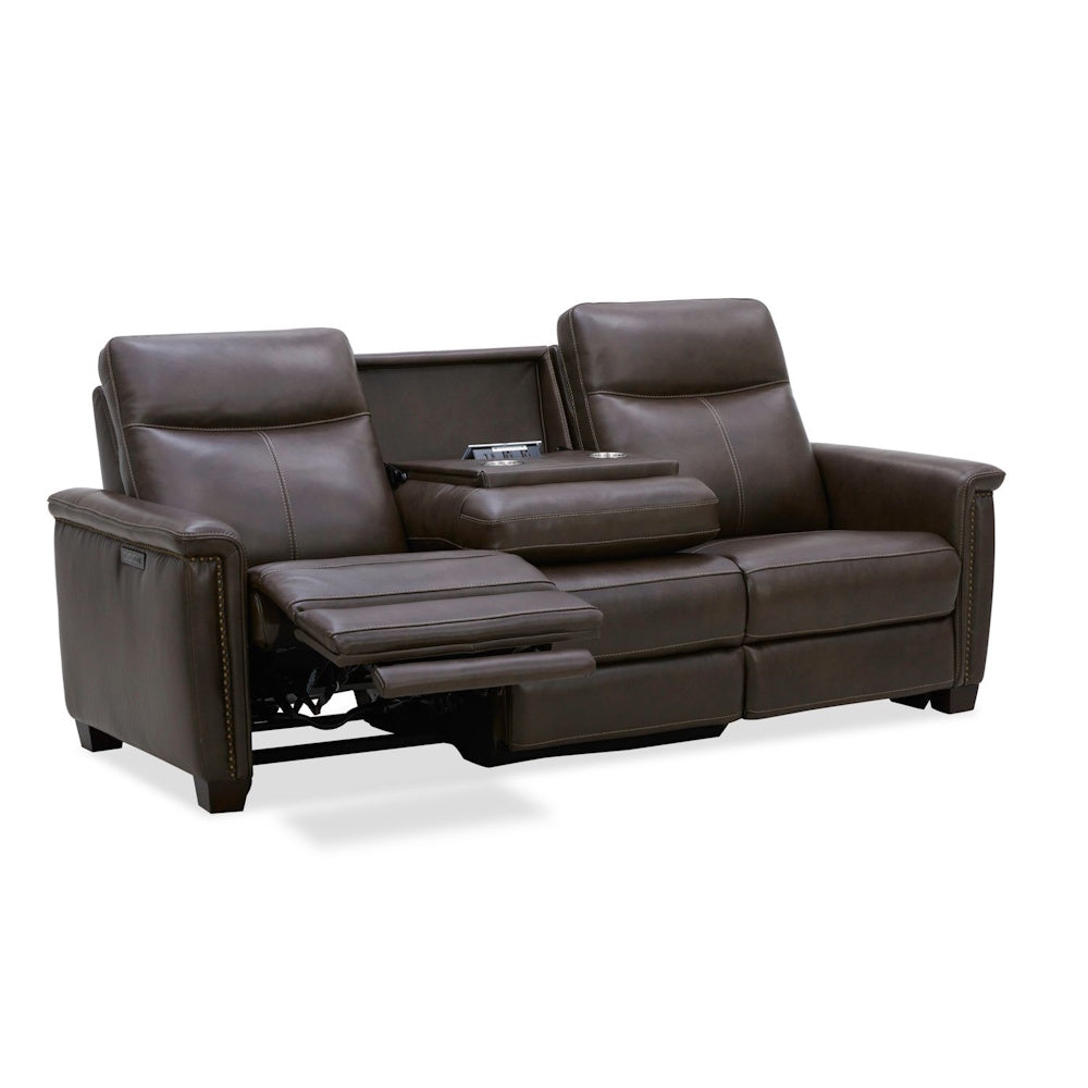 Modern brown leather power reclining sofa with fold-down center console and cup holders.