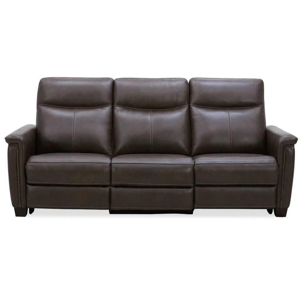 Modern dark brown leather 3-seater reclining sofa with nailhead trim and plush back cushions.