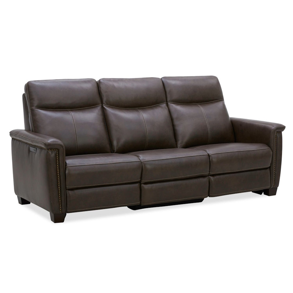 Modern dark brown leather power reclining sofa with nailhead trim and decorative stitching.