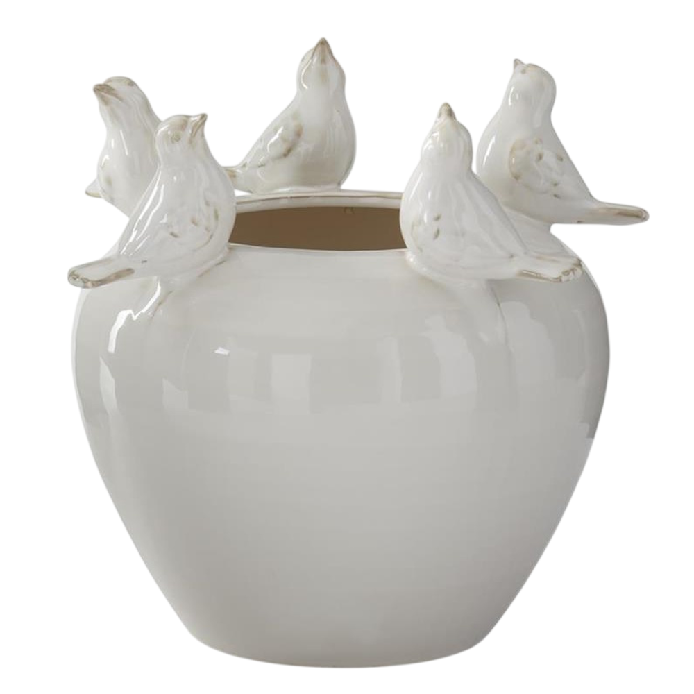 Cream ceramic round vase featuring five sculpted birds perched along the rim with a glossy, vintage-style glaze.