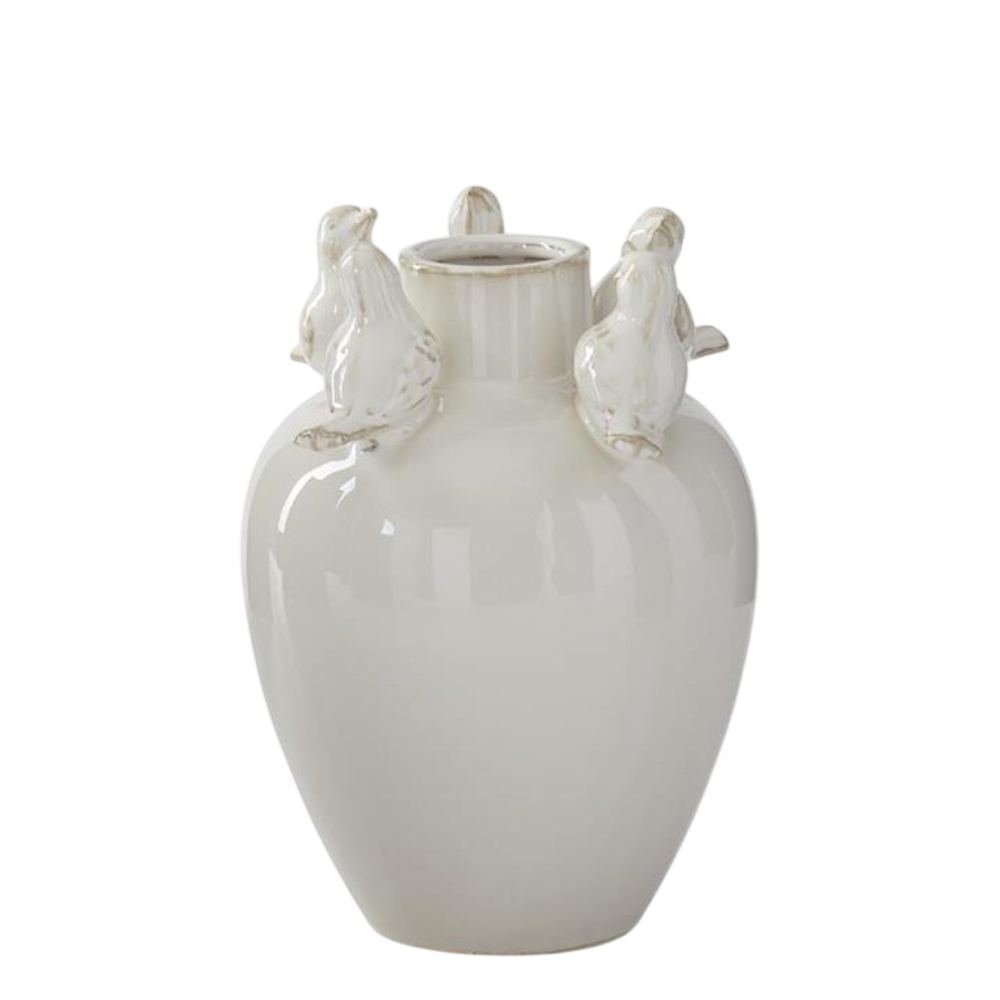 Cream ceramic vase with small sculpted birds perched on the rim, featuring a smooth, glossy finish.