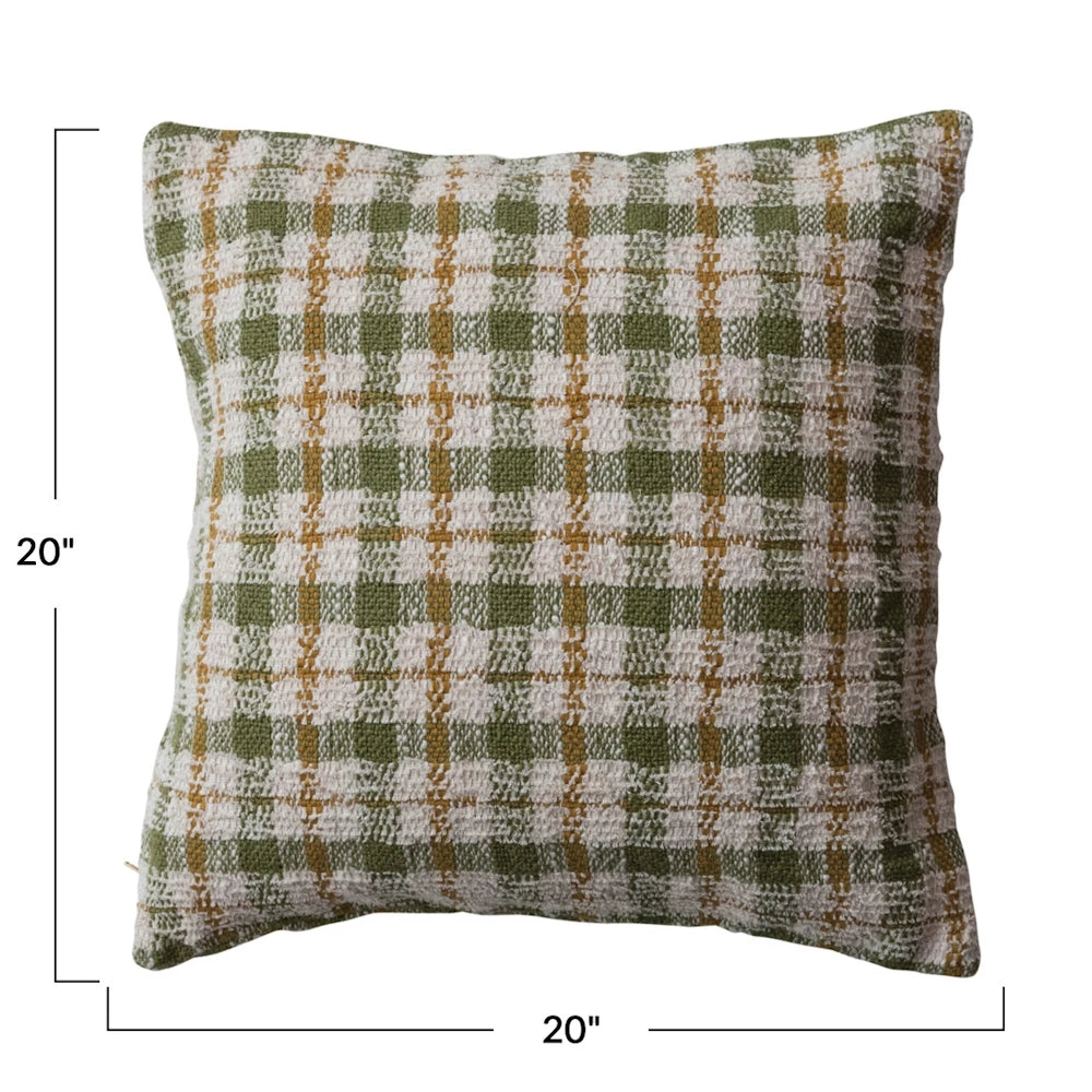 Square cream, green, and yellow woven plaid throw pillow with 20" x 20" dimensions indicated.