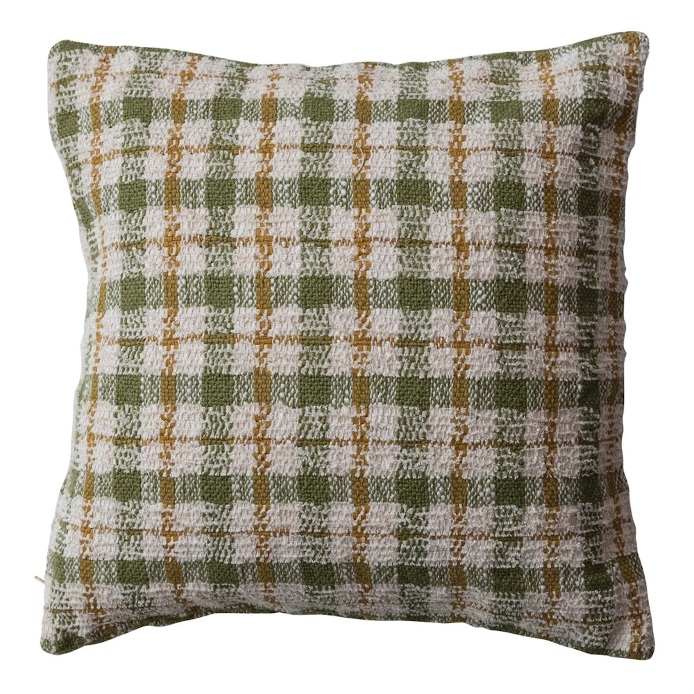 Square woven cotton pillow featuring a green, cream, and mustard yellow plaid pattern on a white background.