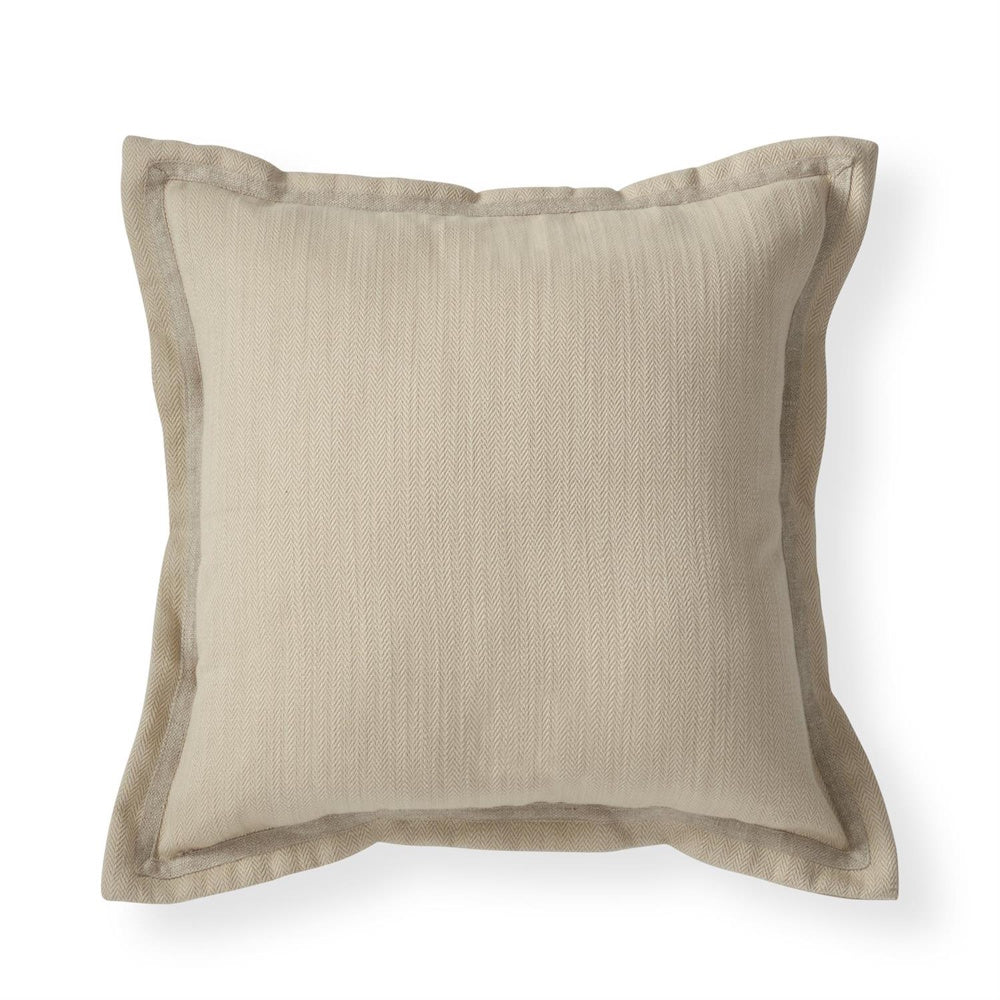Square cream herringbone throw pillow with a flange border.