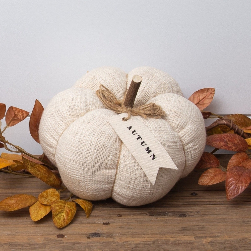 Cream woven fabric decorative pumpkin with a wooden stem, twine bow, and "AUTUMN" tag among fall leaves.