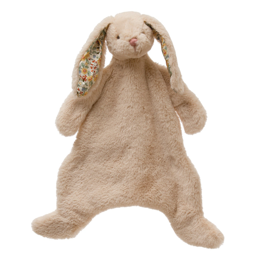 Cream plush bunny security blanket toy with floral print inside its long, floppy ears.