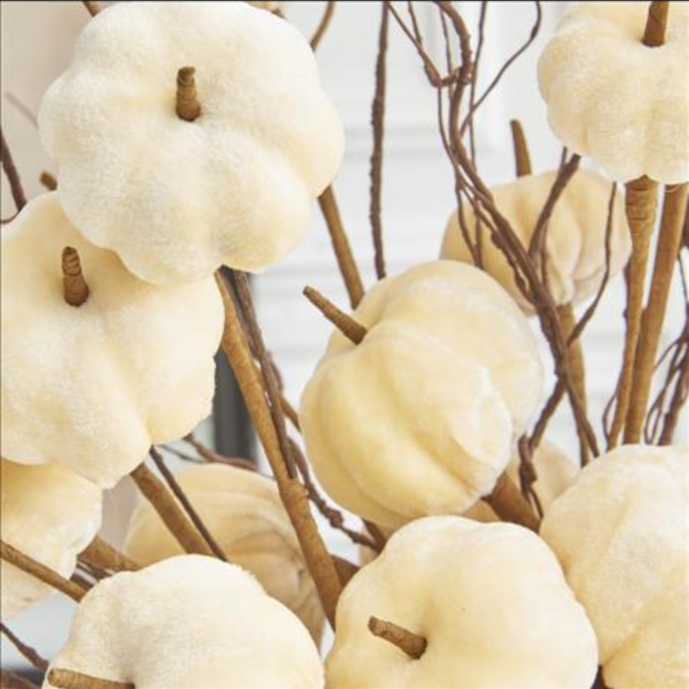 Close-up of decorative stem arrangement featuring mini cream-colored plush velvet pumpkins on slender brown branches.