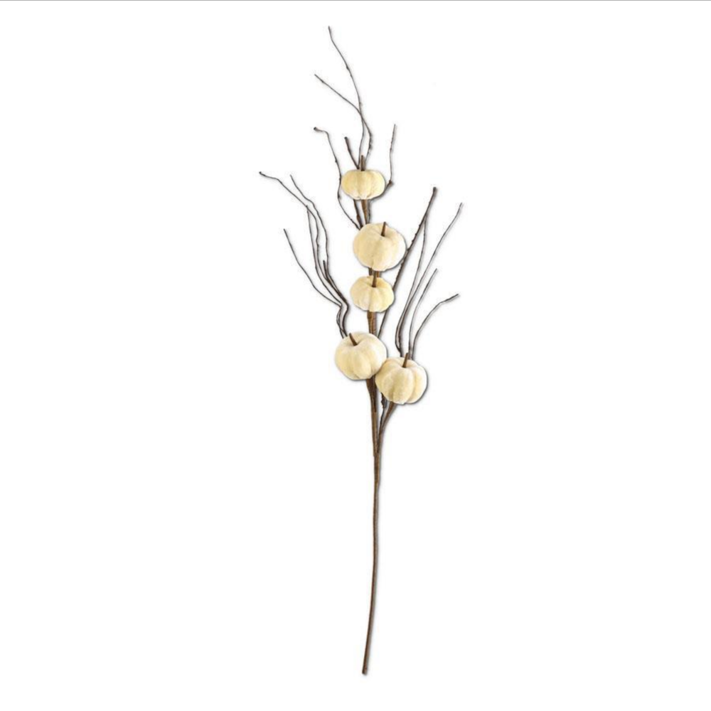 Decorative stem featuring small cream velvet pumpkins on twig branches against a white background.