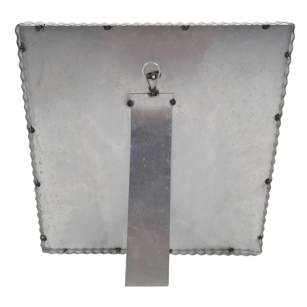 Back of galvanized metal square display frame with easel stand and hanging loop.