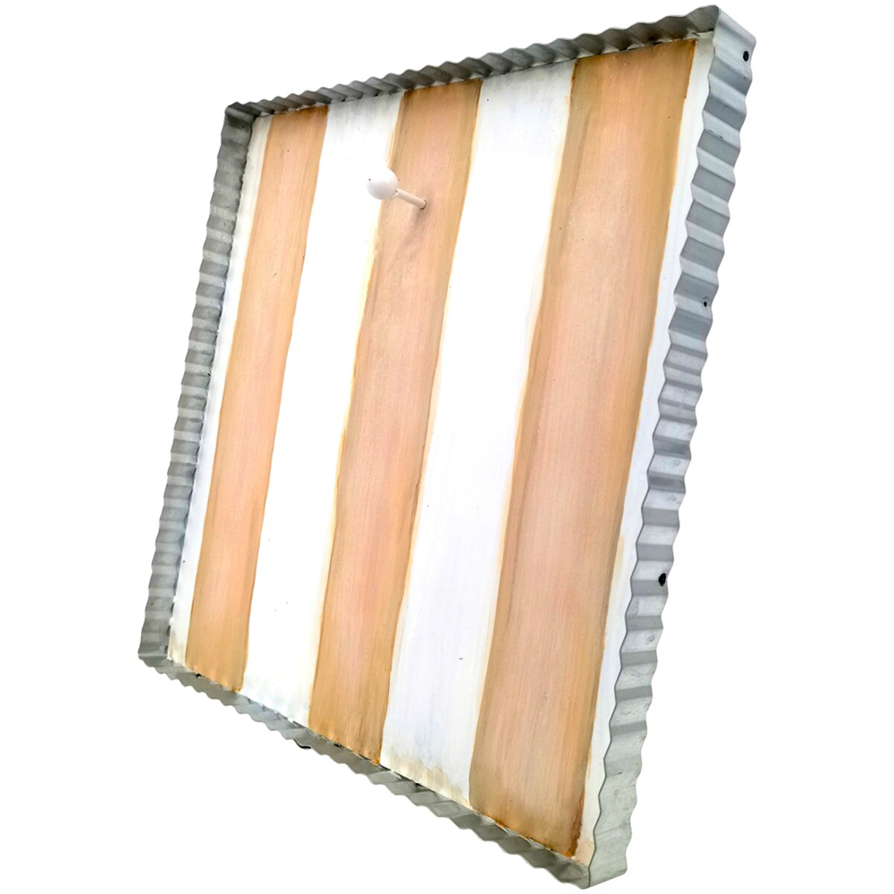 Cream-white and tan striped square magnetic display board with a corrugated metal frame and one white round magnet.