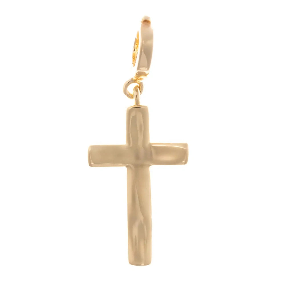 Polished gold cross pendant charm with a classic smooth design on a white background.