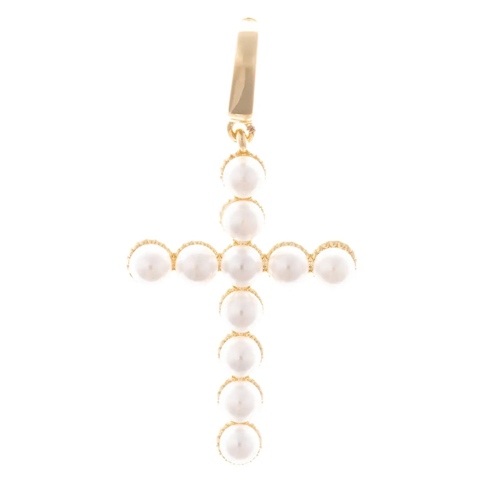 Gold cross pendant charm crafted from round white pearls on a white background.