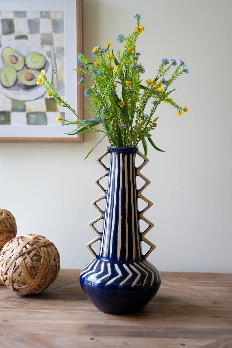 Tall Ceramic Blue Vase with Zig-Zag Handles