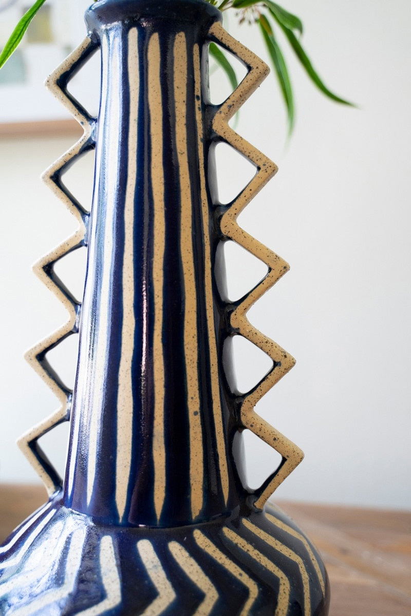 Tall Ceramic Blue Vase with Zig-Zag Handles — alternate view 2