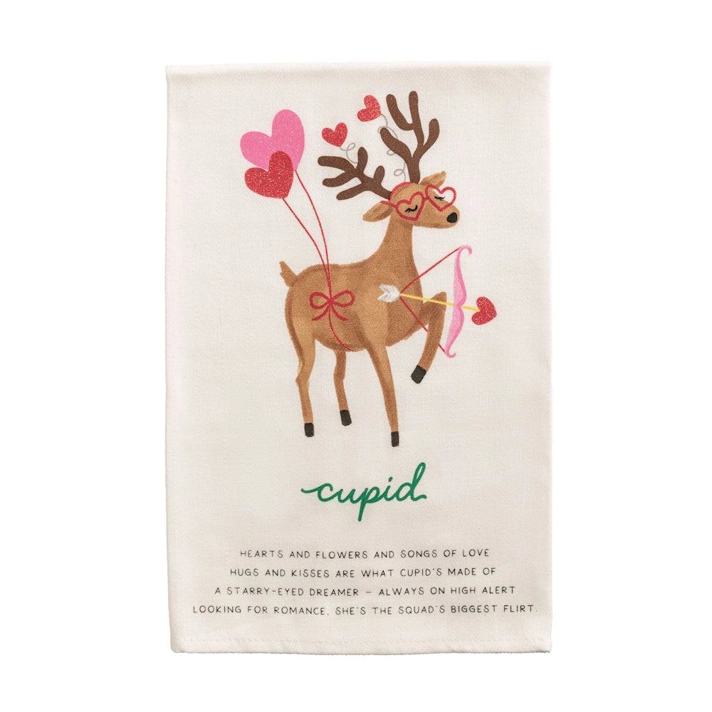 White hand towel featuring reindeer Cupid with heart glasses, a bow and arrow, and a poem.