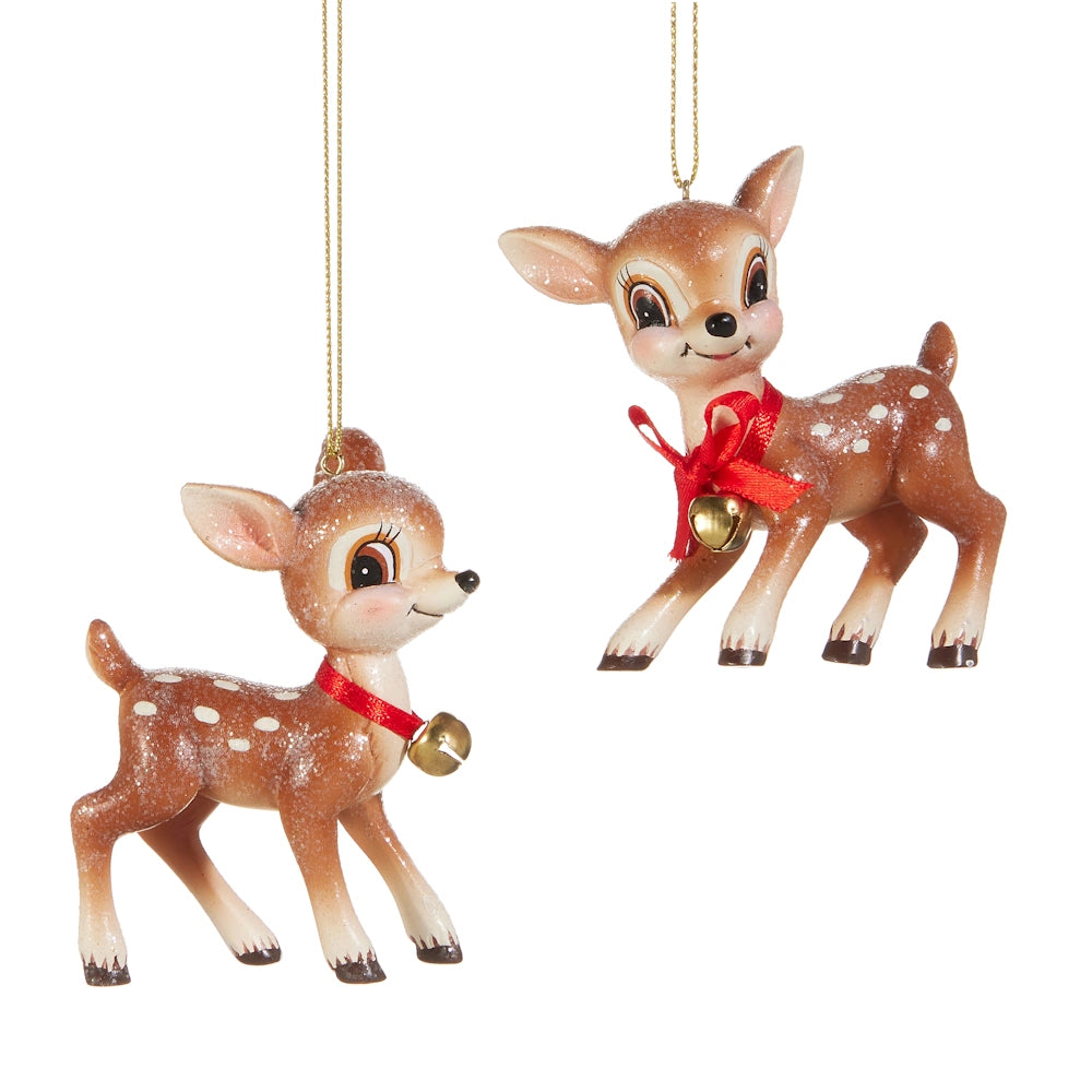 Two cute deer Christmas tree ornaments wearing red ribbons with attached gold bells.