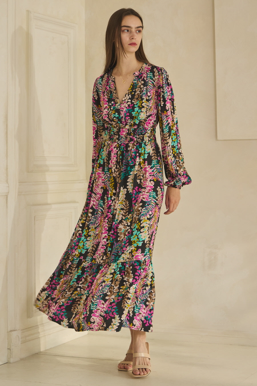 Colorful Floral Print Long Sleeve Maxi Dress
