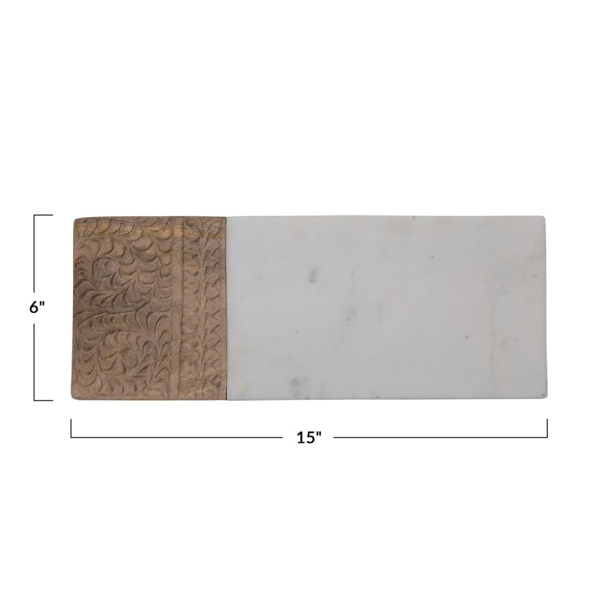 Hand-Carved Mango Wood & Marble Serving Board with Engraved Design, White & Natural — alternate view 4