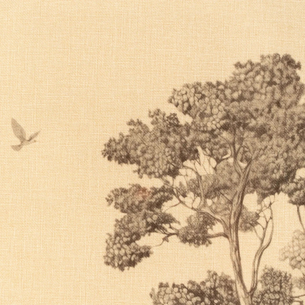Close-up of a beige canvas texture featuring a pencil sketch of a leafy tree and a small flying bird.