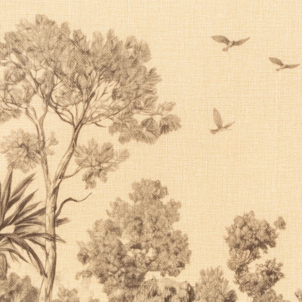 Close-up of sketch-style wall art on textured beige canvas, showing detailed trees and birds in flight.