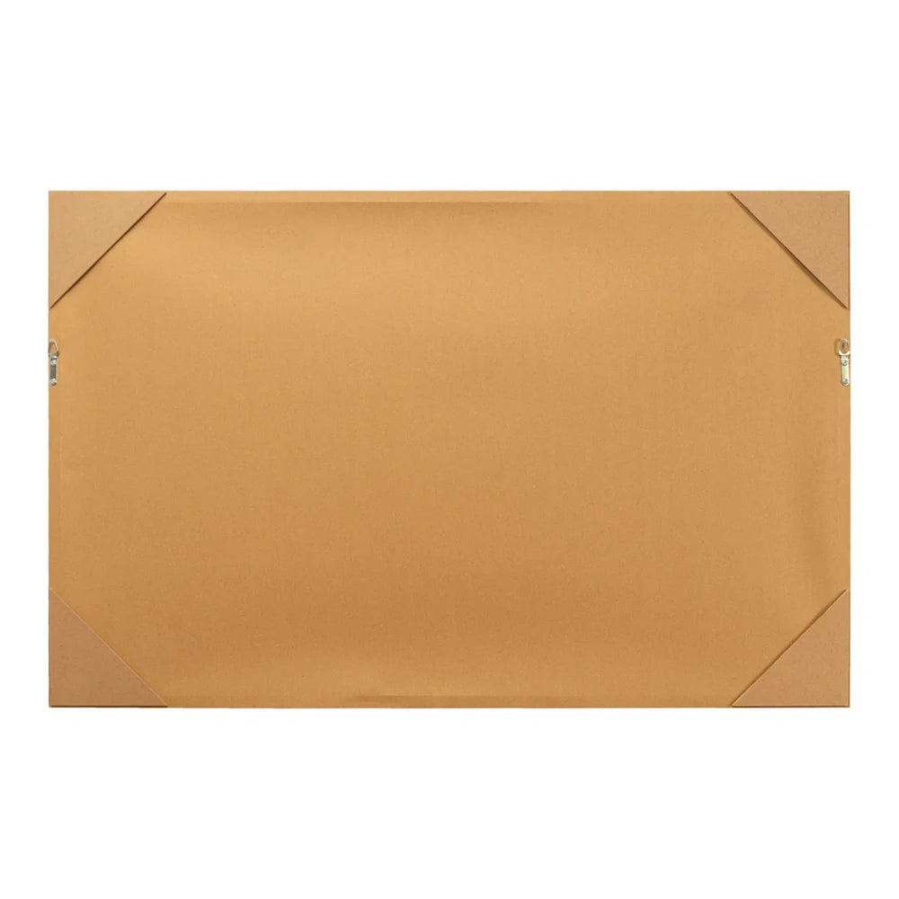Back view of a rectangular framed wall art with brown backing paper, protective corners, and hanging hardware.