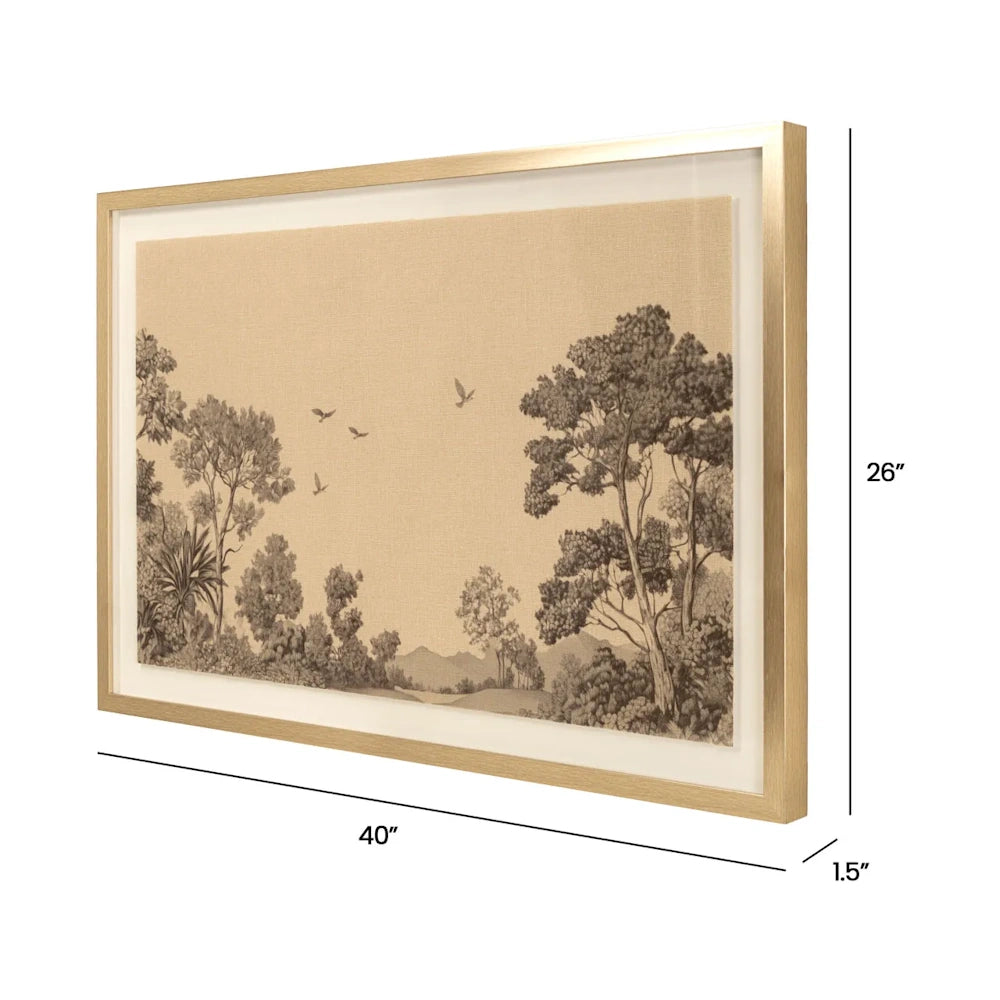 Framed landscape wall art on beige canvas with dimensions labeled: 40" W, 26" H, and 1.5" D.