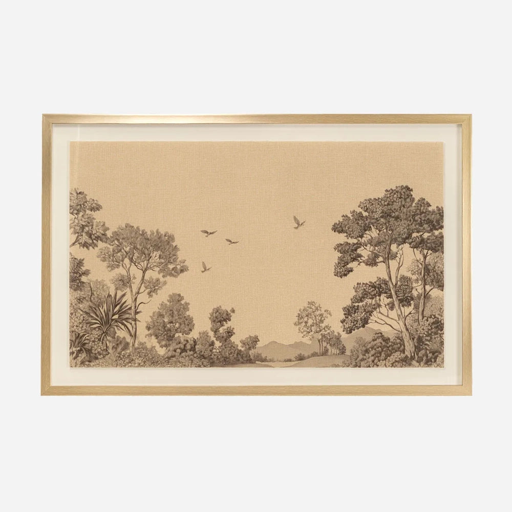 Framed wall art featuring a sketch-style landscape with trees and flying birds on a beige canvas background.