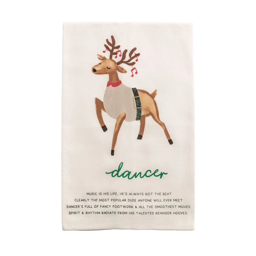 White hand towel featuring a dancing reindeer, the word "dancer," and a short festive poem.
