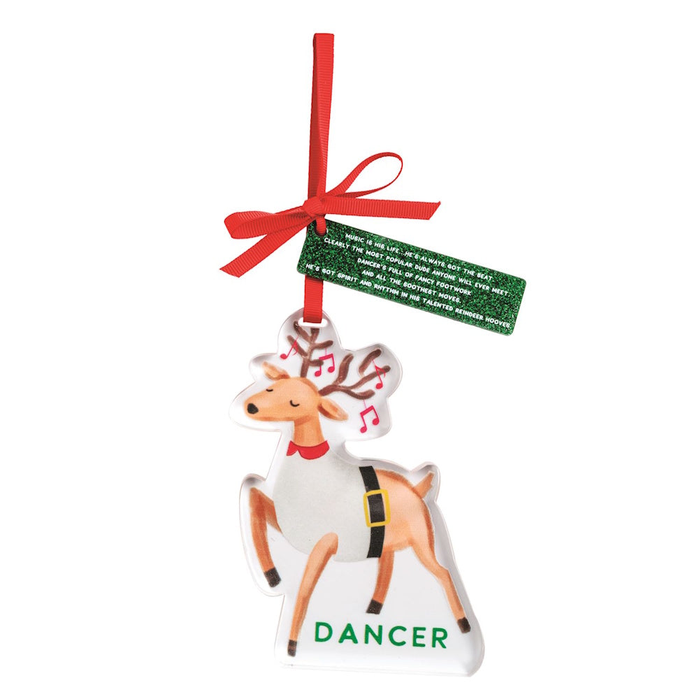 Acrylic reindeer ornament named Dancer with music notes near antlers and a red hanging ribbon.