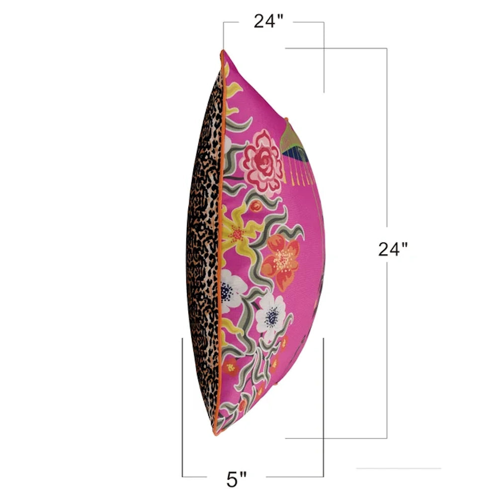 24 by 24 pink floral throw pillow with 5-inch depth and leopard print back. Side view showing dimensions for home decor.