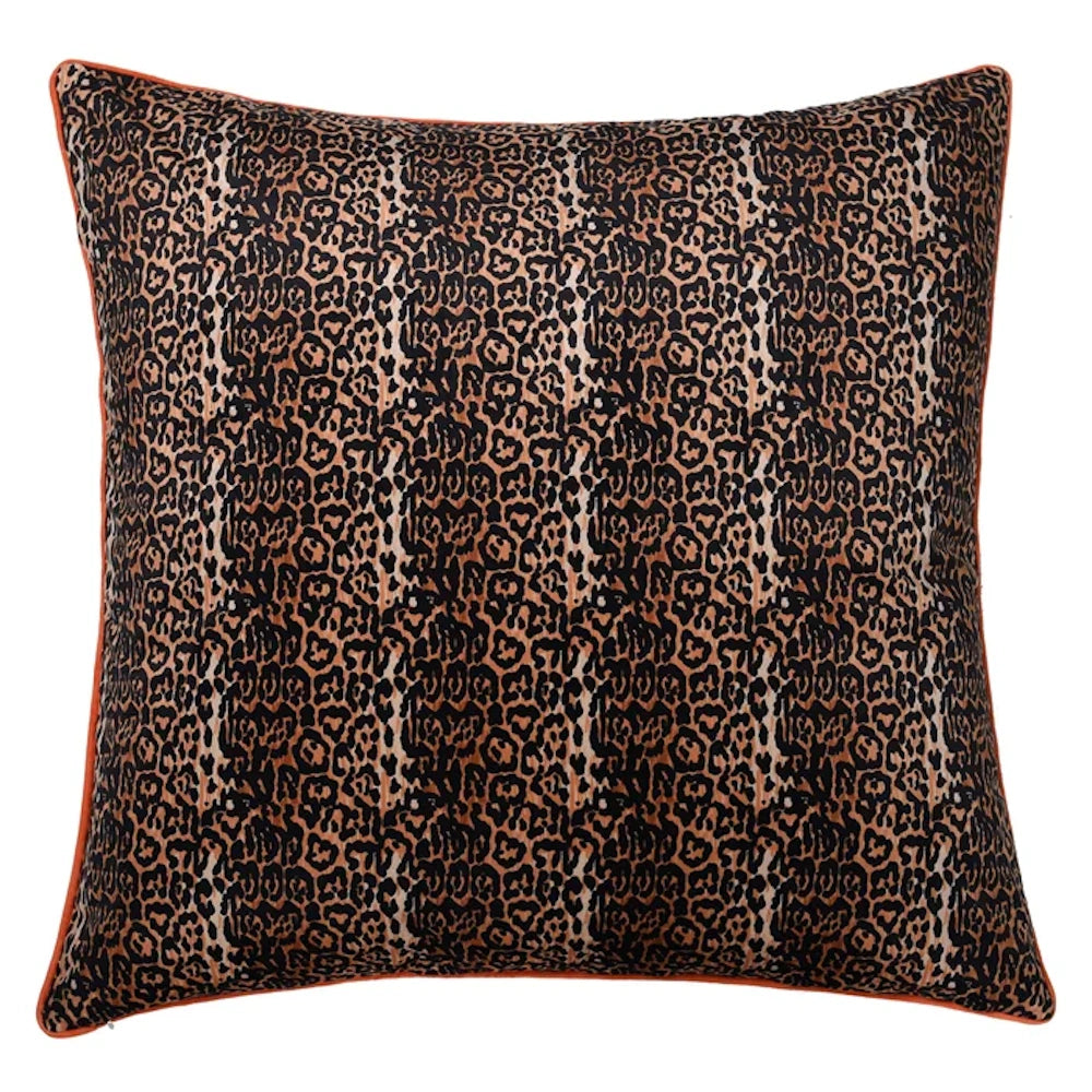 Square decorative throw pillow featuring a brown and black leopard print pattern with orange piping.