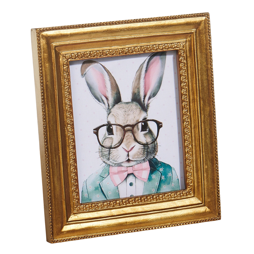 A whimsical illustration of a rabbit in glasses, wearing a bow tie and a blue suit, framed in an ornate gold frame.