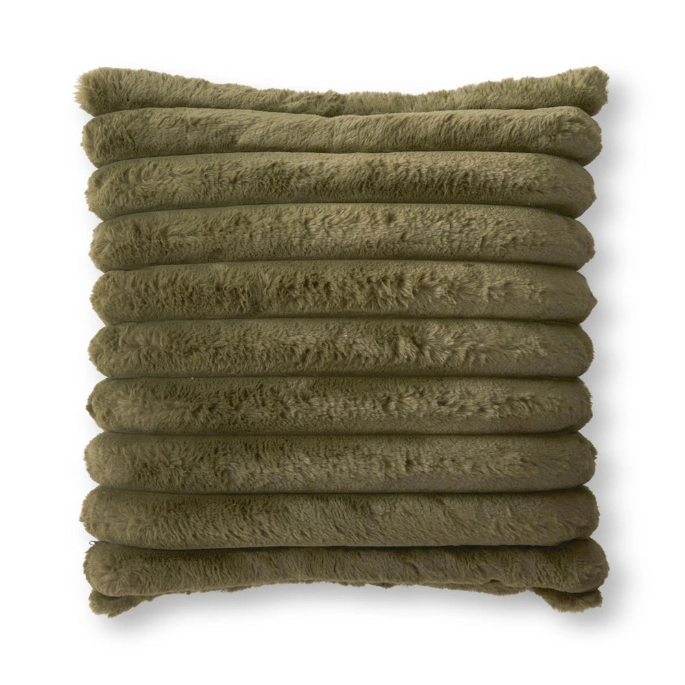 A square, dark green faux fur throw pillow with horizontal ribbed texture on a white background.