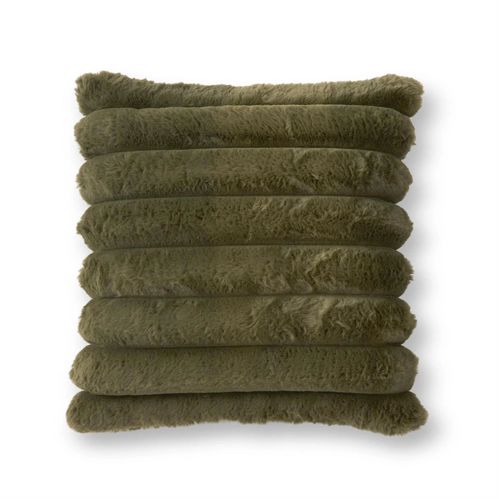 Square, dark green faux fur throw pillow with a ribbed, channeled texture on a white background.