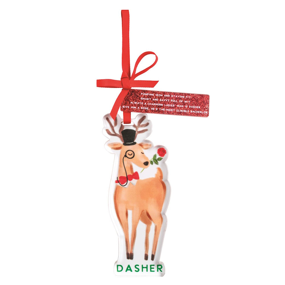 Reindeer ornament wearing a top hat, monocle, and red bow tie, labeled "DASHER" with a red ribbon.