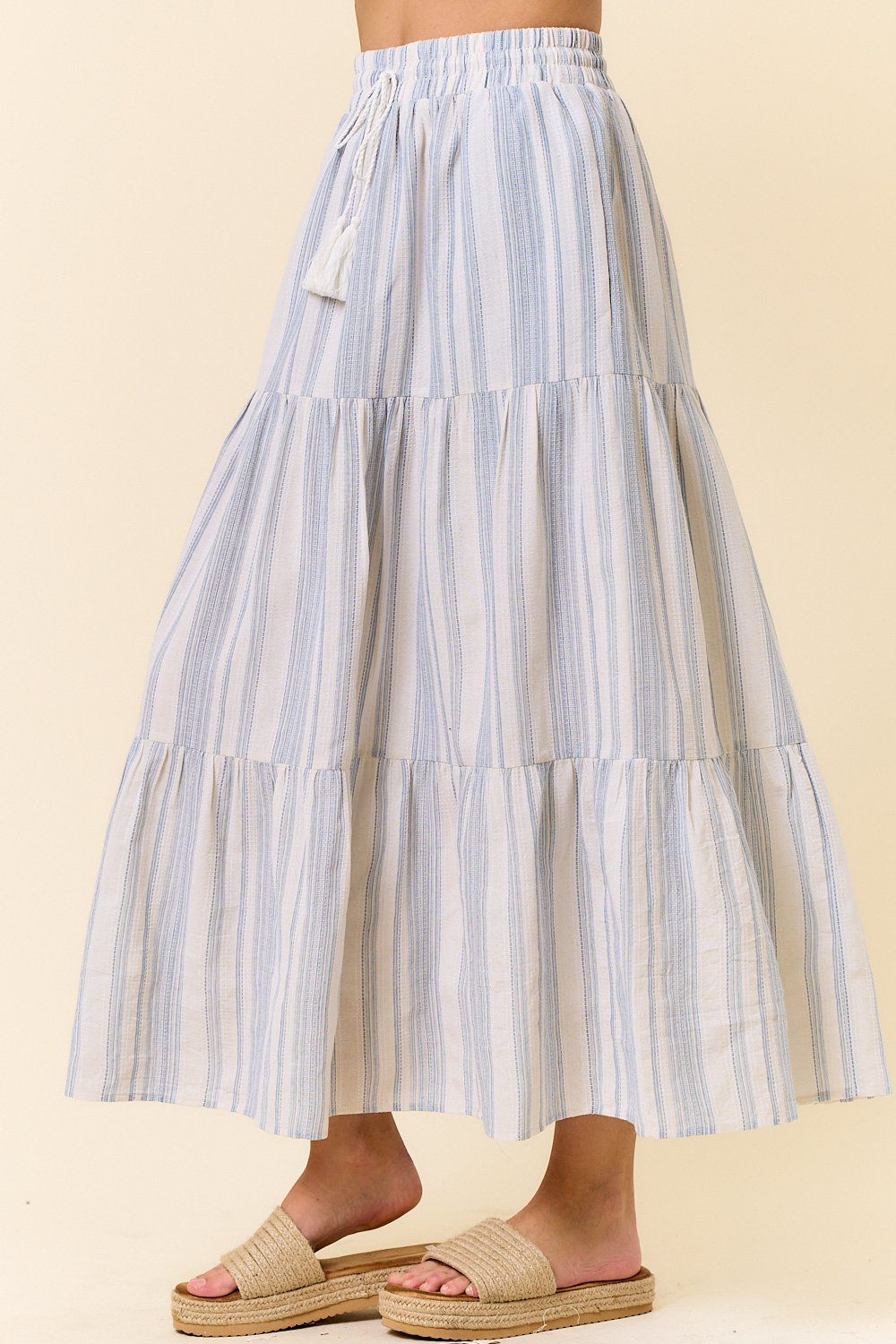 Cotton Striped Elastic Waist Tiered Maxi Skirt Medium — alternate view 4