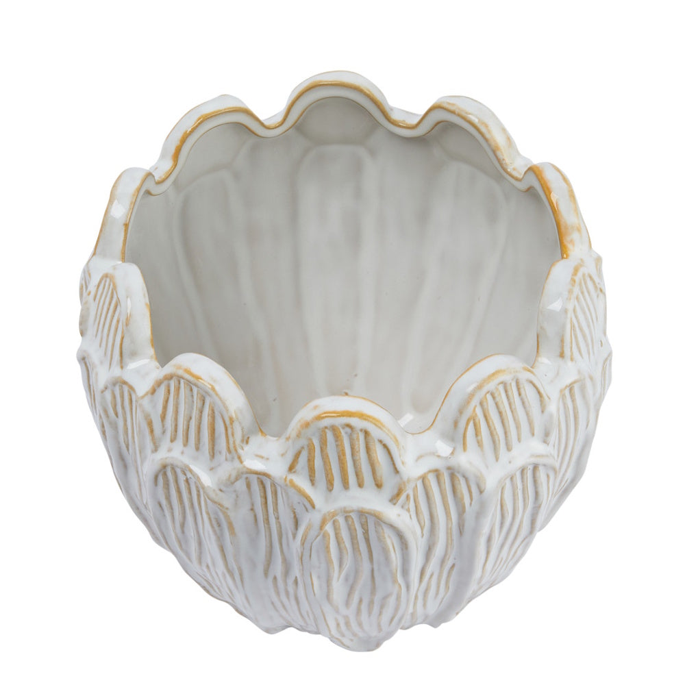 Flower-shaped white stoneware planter featuring debossed textured petals with light brown accents.