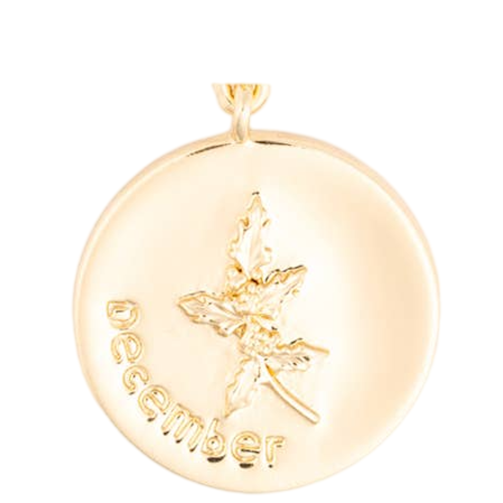 Round gold pendant charm featuring an engraved holly sprig and the word "December".