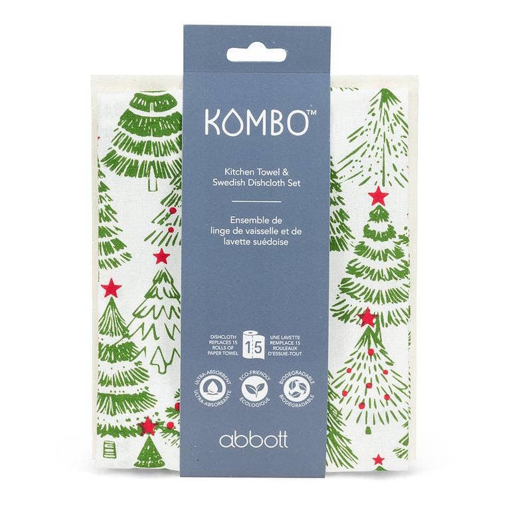Packaged Kombo kitchen towel set featuring a green Christmas tree pattern, on a white background.