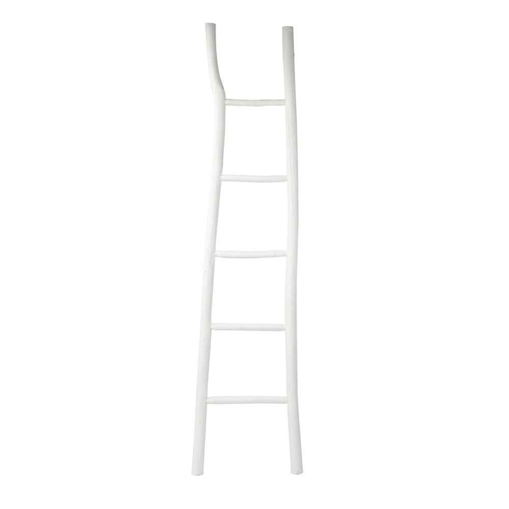 A rustic, white-painted wooden decorative blanket ladder with five rungs, showing natural, slightly curved edges.