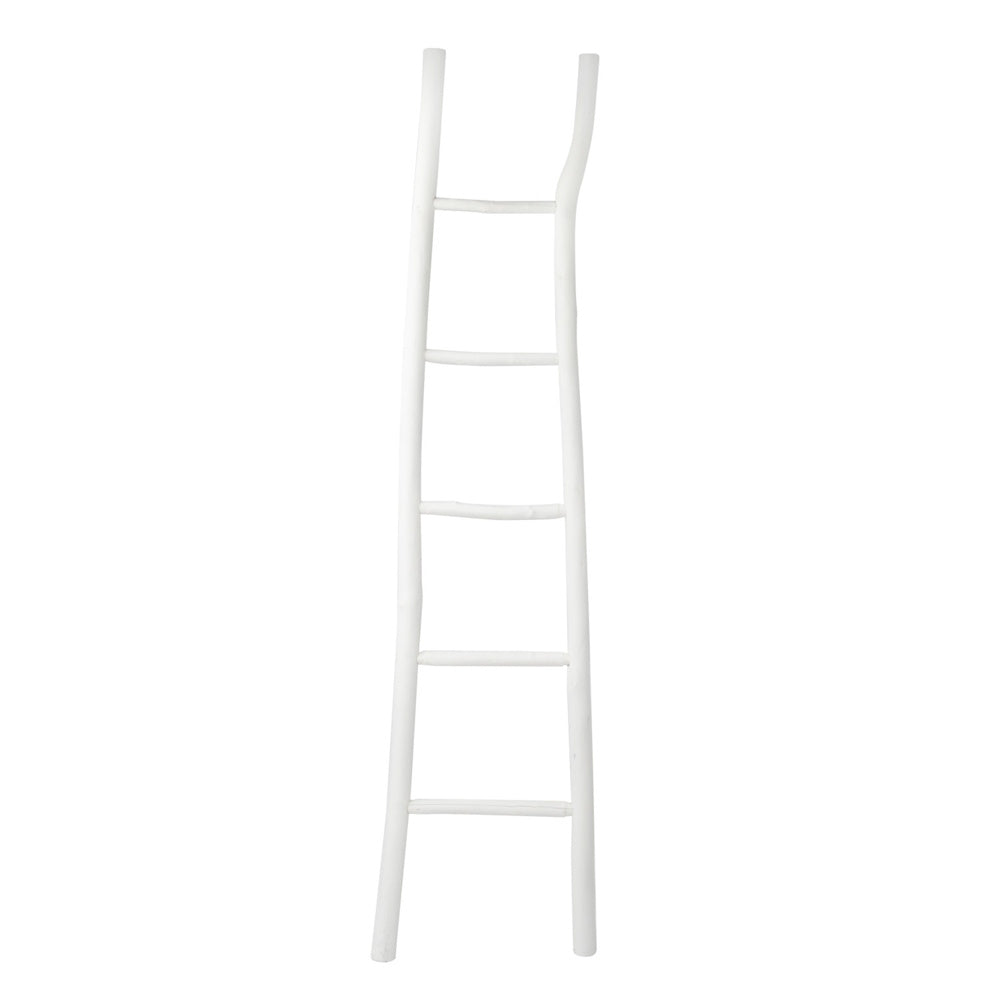 A rustic, white-painted wooden blanket ladder with five rungs and natural, slightly curved vertical posts.