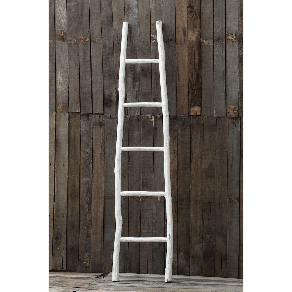 A rustic white wooden blanket ladder leaning against a dark, weathered wood panel wall.